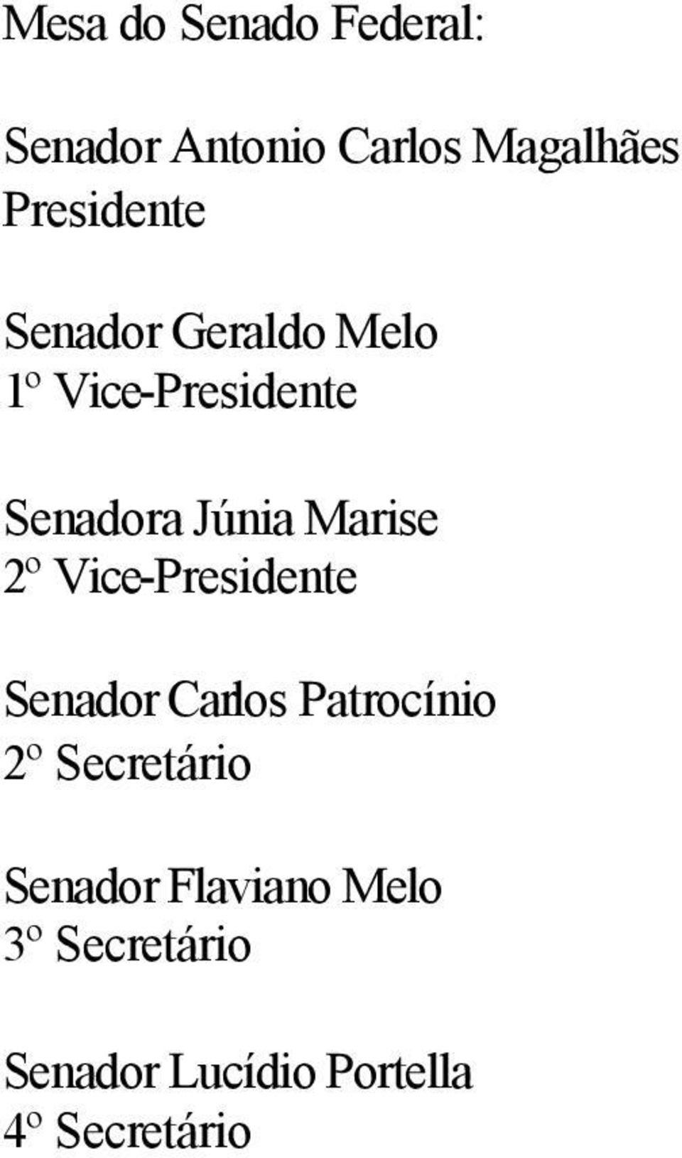 Marise 2º Vice-Presidente Senador Carlos Patrocínio 2º Secretário