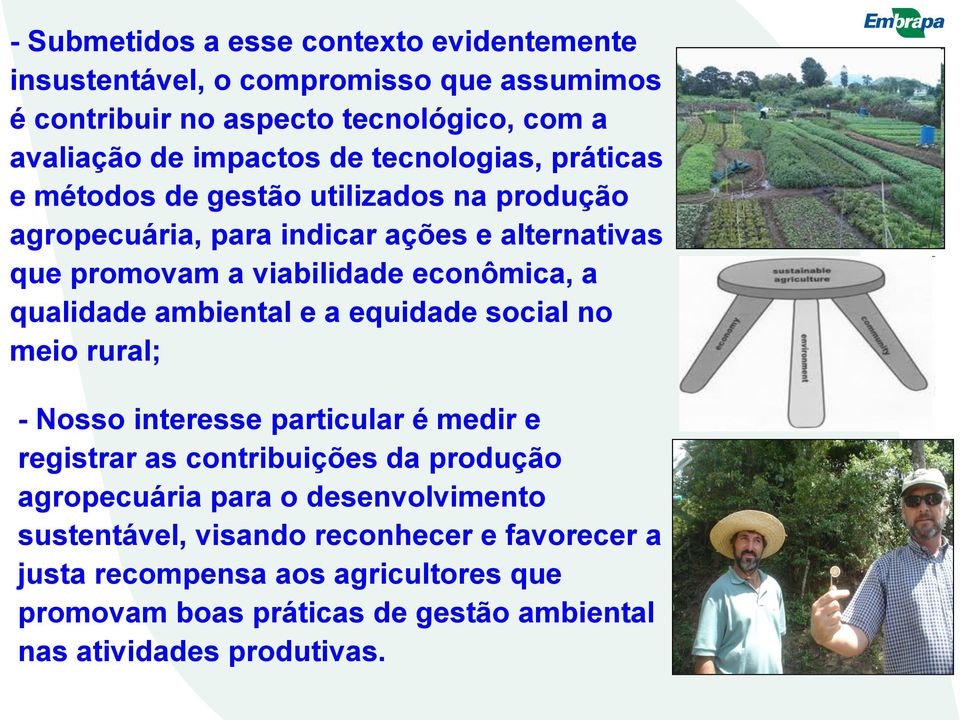 qualidade ambiental e a equidade social no meio rural; - Nosso interesse particular é medir e registrar as contribuições da produção agropecuária para o