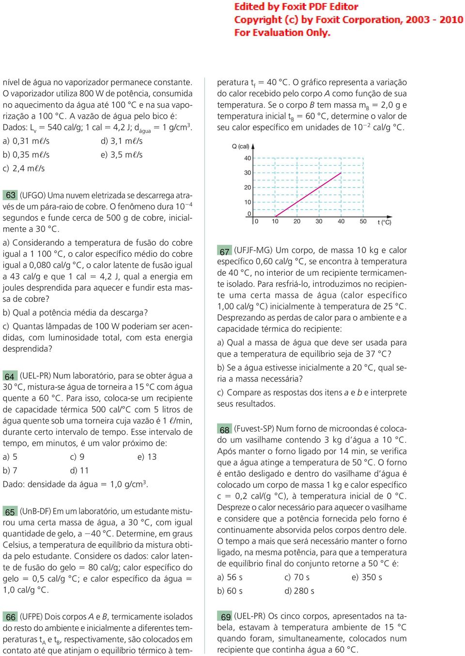 a) 0,31 m /s d) 3,1 m /s b) 0,35 m /s e) 3,5 m /s c) 2,4 m /s 63 (UFGO) Uma nuvem eletrizada se descarrega através de um pára-raio de cobre.