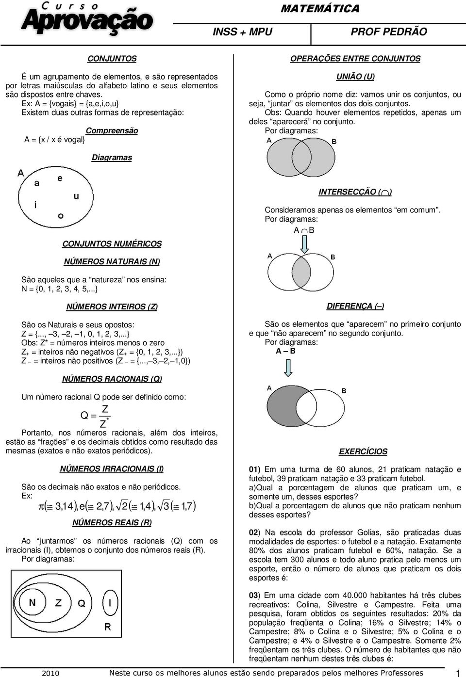 seja, juntar os elementos dos dois conjuntos. Obs: Quando houver elementos repetidos, apenas um deles aparecerá no conjunto.