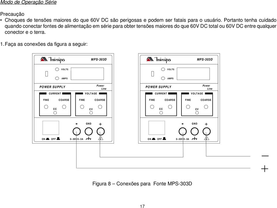 Portanto tenha cuidado quando conectar fontes de alimentação em série para obter tensões maiores do que 60V DC