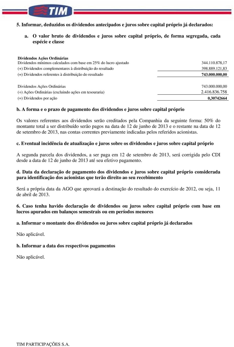 110.878,17 (+) Dividendos complementares à distribuição do resultado 398.889.121,83 (=) Dividendos referentes à distribuição do resultado 743.000.