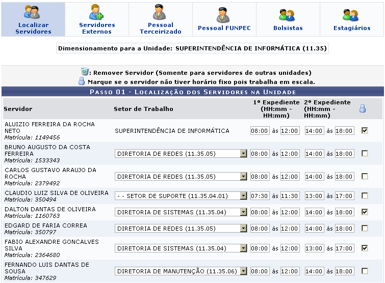 Figura 16 Tela principal do dimensionamento Figura 17 Força de trabalho de uma unidade Servidores