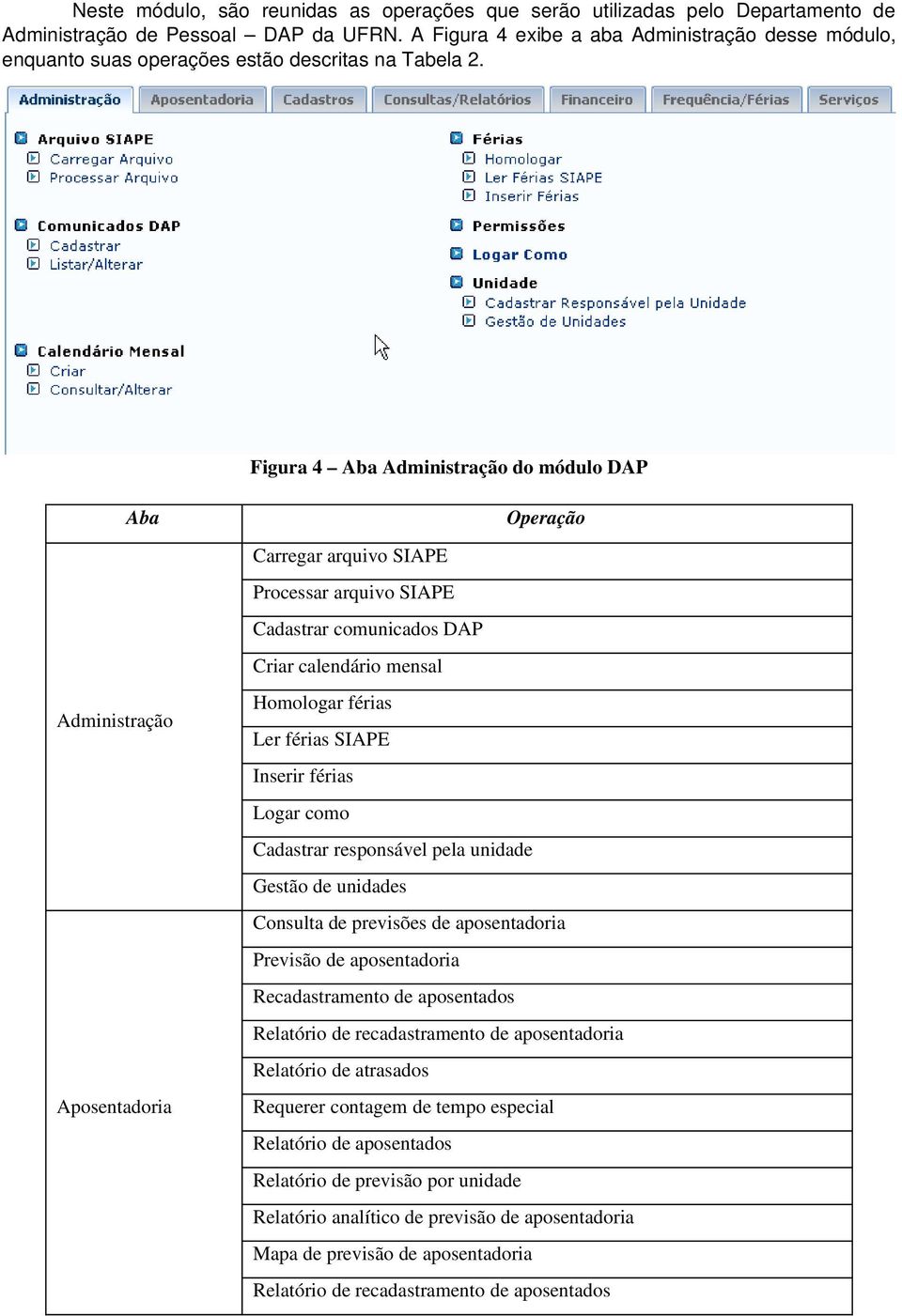 Figura 4 Aba Administração do módulo DAP Aba Operação Carregar arquivo SIAPE Processar arquivo SIAPE Cadastrar comunicados DAP Criar calendário mensal Administração Homologar férias Ler férias SIAPE