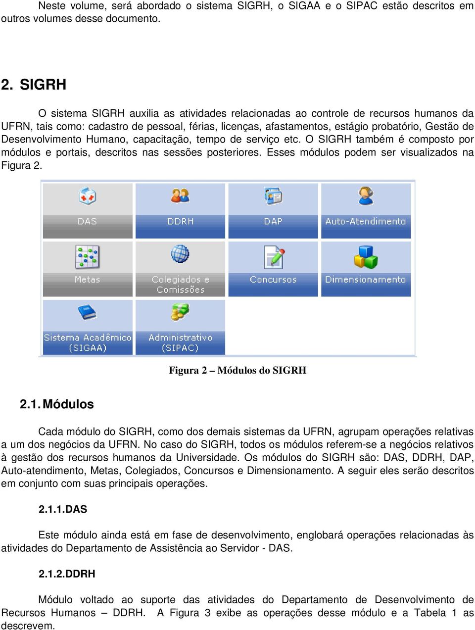 Desenvolvimento Humano, capacitação, tempo de serviço etc. O SIGRH também é composto por módulos e portais, descritos nas sessões posteriores. Esses módulos podem ser visualizados na Figura 2.