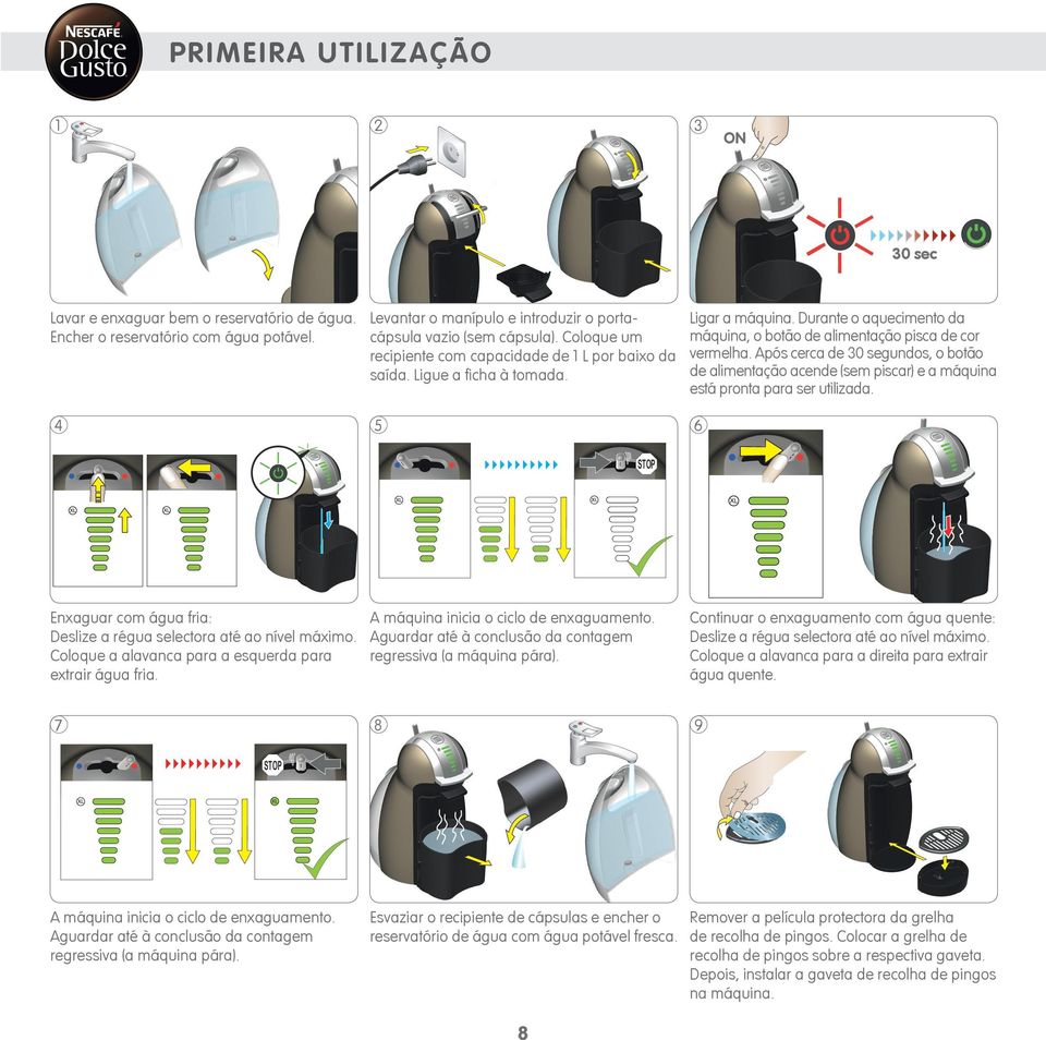 Após cerca de 0 segundos, o botão de alimentação acende (sem piscar) e a máquina está pronta para ser utilizada. 4 6 5 STOP Enxaguar com água fria: A máquina inicia o ciclo de enxaguamento.