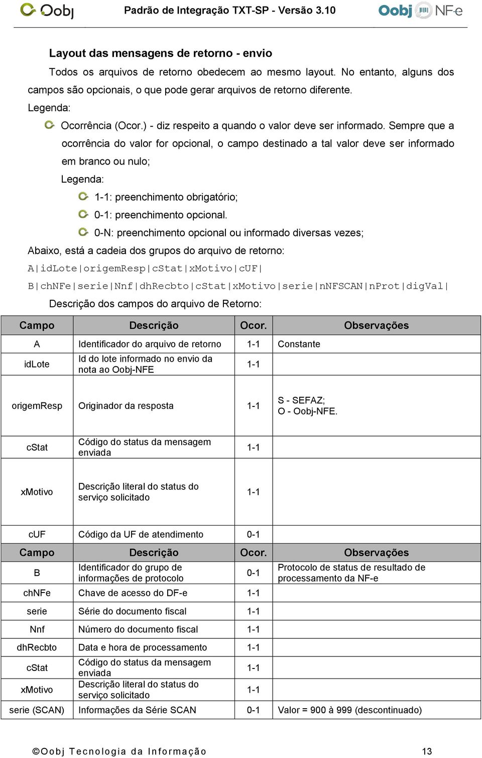 Sempre que a ocorrência do valor for opcional, o campo destinado a tal valor deve ser informado em branco ou nulo; Legenda: 1-1: preenchimento obrigatório; 0-1: preenchimento opcional.