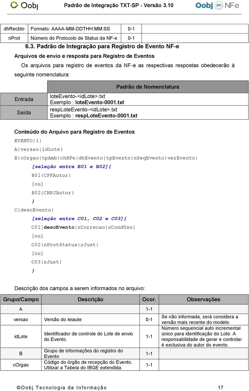 nomenclatura: Entrada Saída loteevento-<idlote>.txt Exemplo : loteevento-0001.txt resploteevento-<idlote>.txt Exemplo : resploteevento-0001.