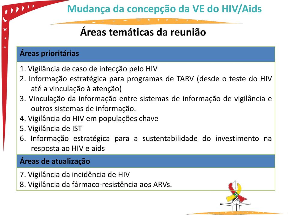 Vinculação da informação entre sistemas de informação de vigilância e outros sistemas de informação. 4. Vigilância do HIV em populações chave 5.