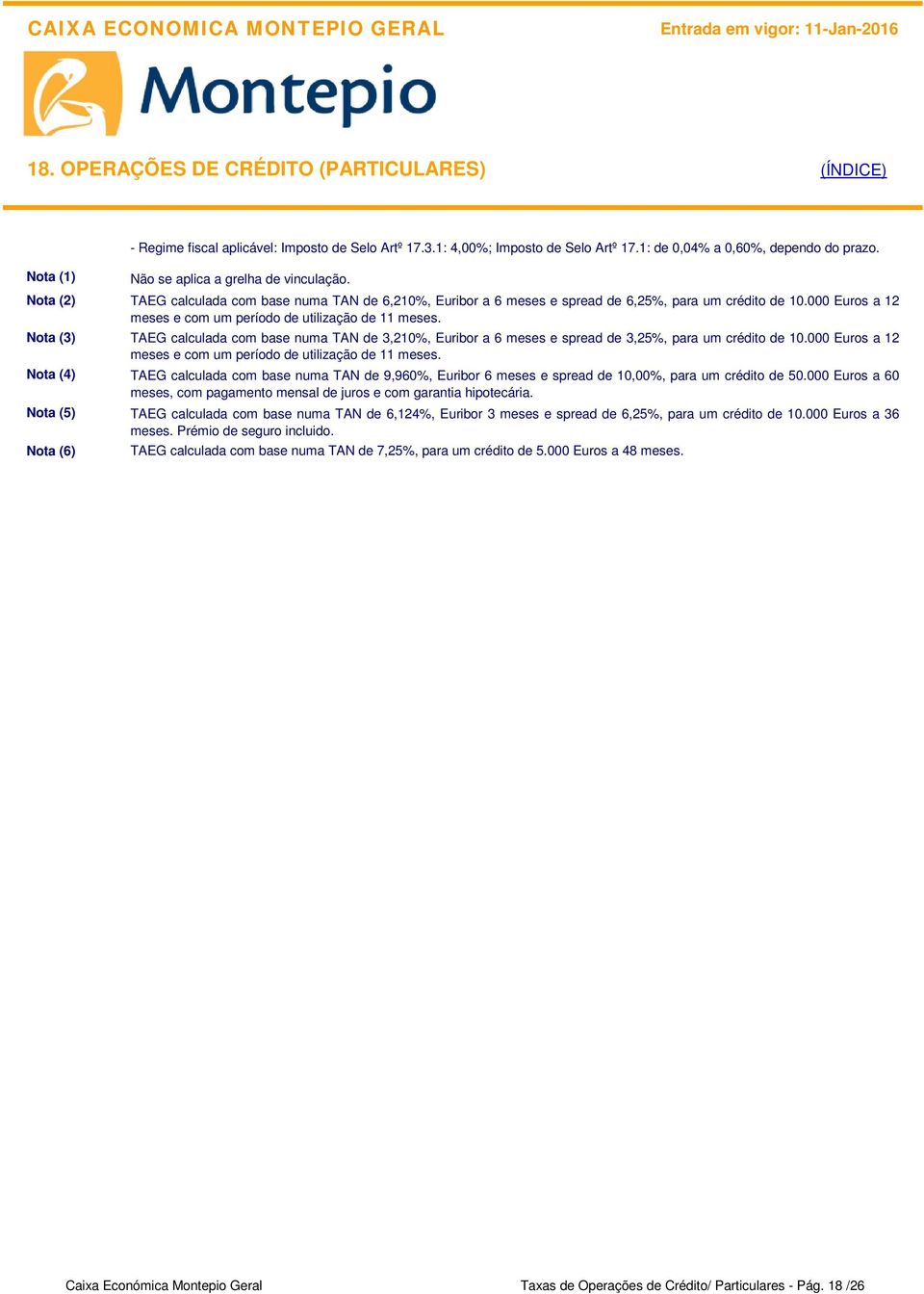 Nota (3) TAEG calculada com base numa TAN de 3,210%, Euribor a 6 meses e spread de 3,25%, para um crédito de 10.000 Euros a 12 meses e com um período de utilização de 11 meses.