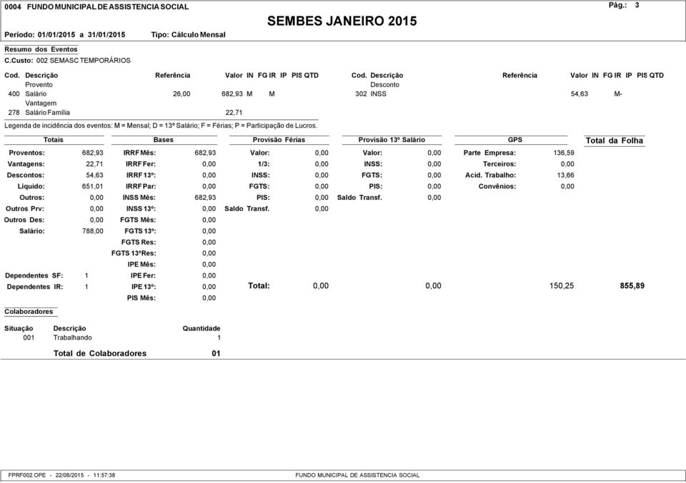 Salário Família 22,71 682,93 22,71 s: 54,63 Líquido: 651,01 Salário: 788,00 Dependentes SF: 1