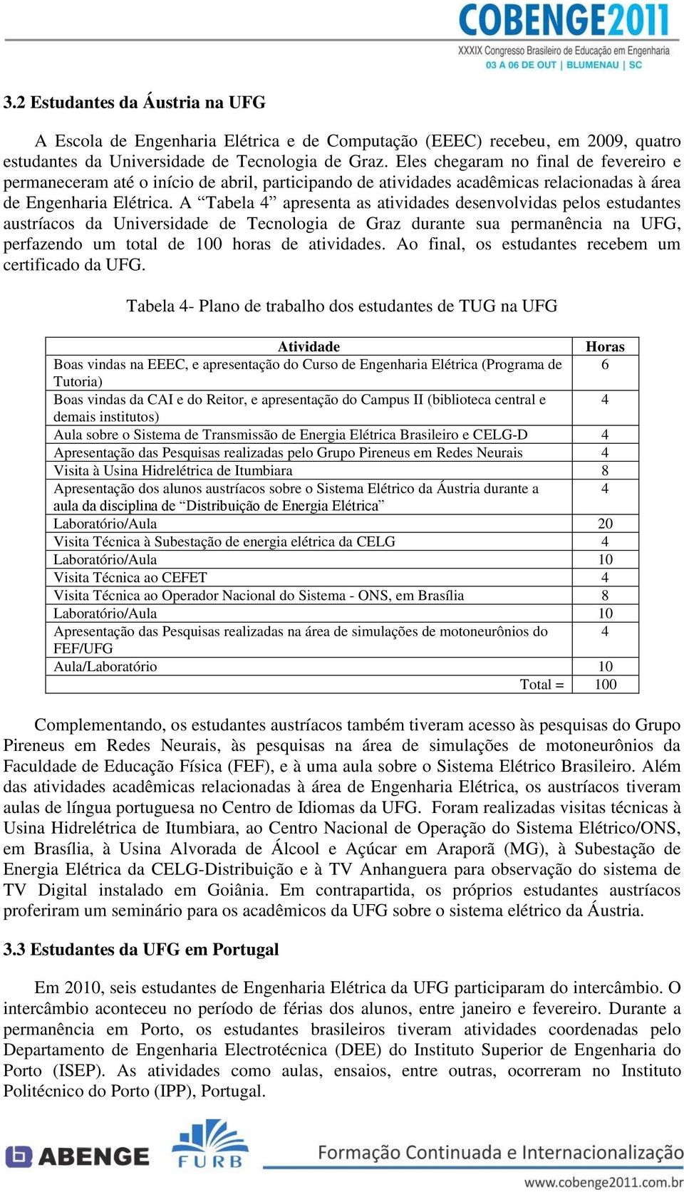 A Tabela 4 apresenta as atividades desenvolvidas pelos estudantes austríacos da Universidade de Tecnologia de Graz durante sua permanência na UFG, perfazendo um total de 100 horas de atividades.