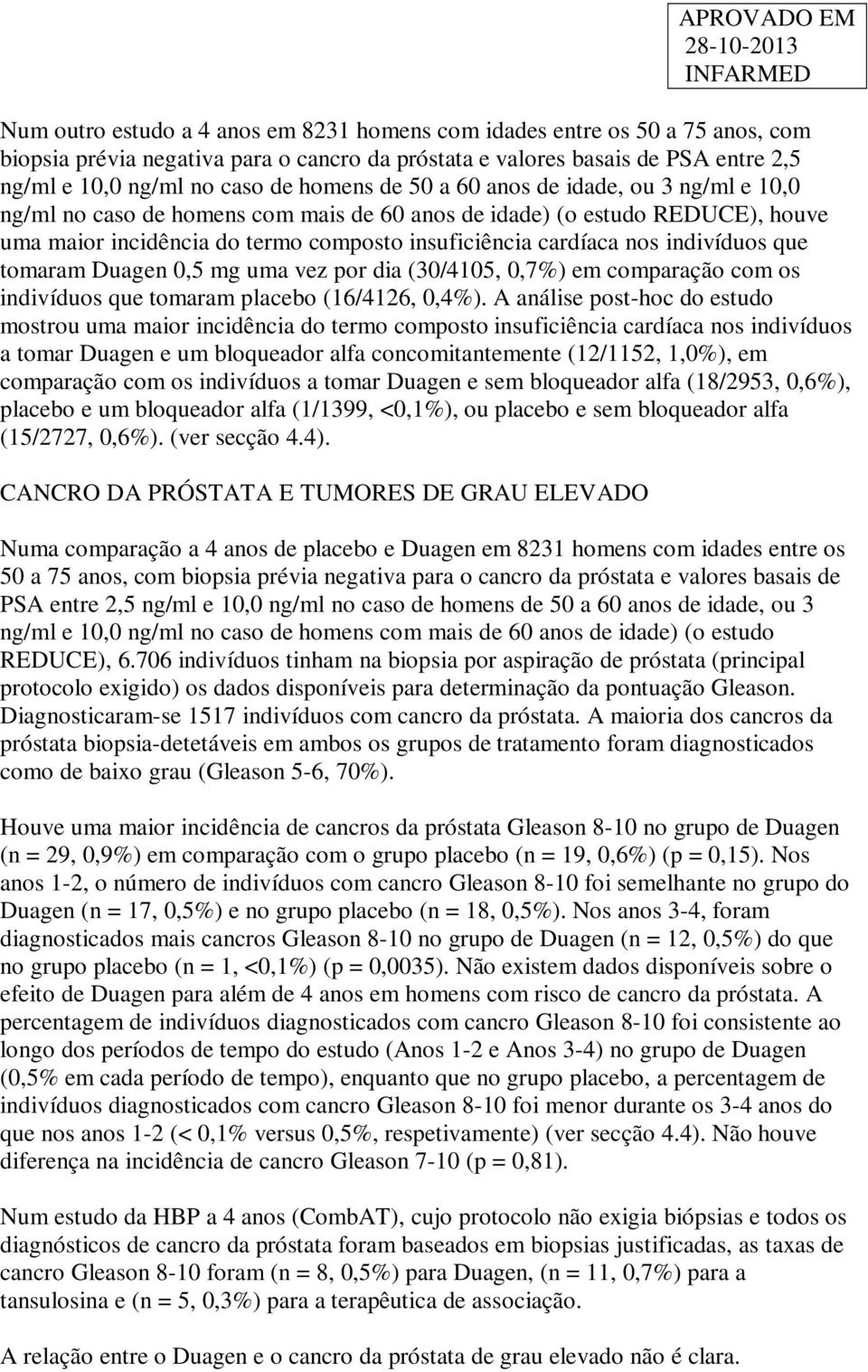 que tomaram Duagen 0,5 mg uma vez por dia (30/4105, 0,7%) em comparação com os indivíduos que tomaram placebo (16/4126, 0,4%).