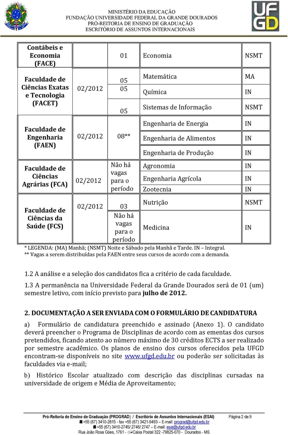 há Agronomia vagas para o Engenharia Agrícola período Zootecnia MA NSMT Ciências da Saúde (FCS) 03 Não há vagas para o período Nutrição Medicina * LEGENDA: (MA) Manhã; (NSMT) Noite e Sábado pela