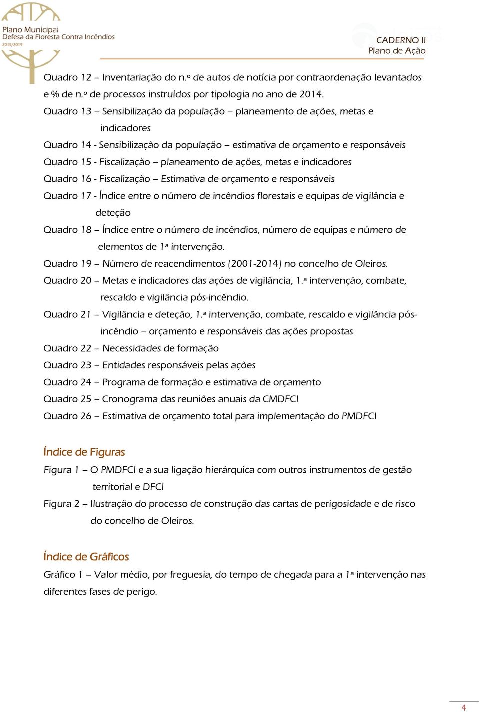 ações, metas e indicadores Quadro 16 - Fiscalização Estimativa de orçamento e responsáveis Quadro 17 - Índice entre o número de incêndios florestais e equipas de vigilância e deteção Quadro 18 Índice