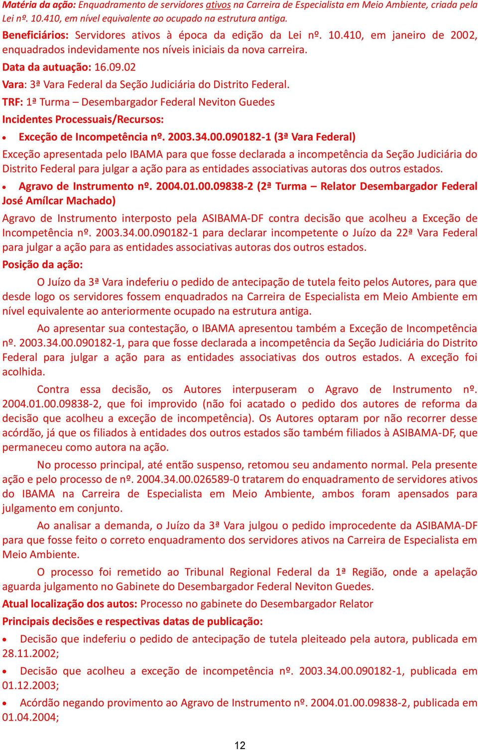 02 Vara: 3ª Vara Federal da Seção Judiciária do Distrito Federal. TRF: 1ª Turma Desembargador Federal Neviton Guedes Incidentes Processuais/Recursos: Exceção de Incompetência nº. 2003