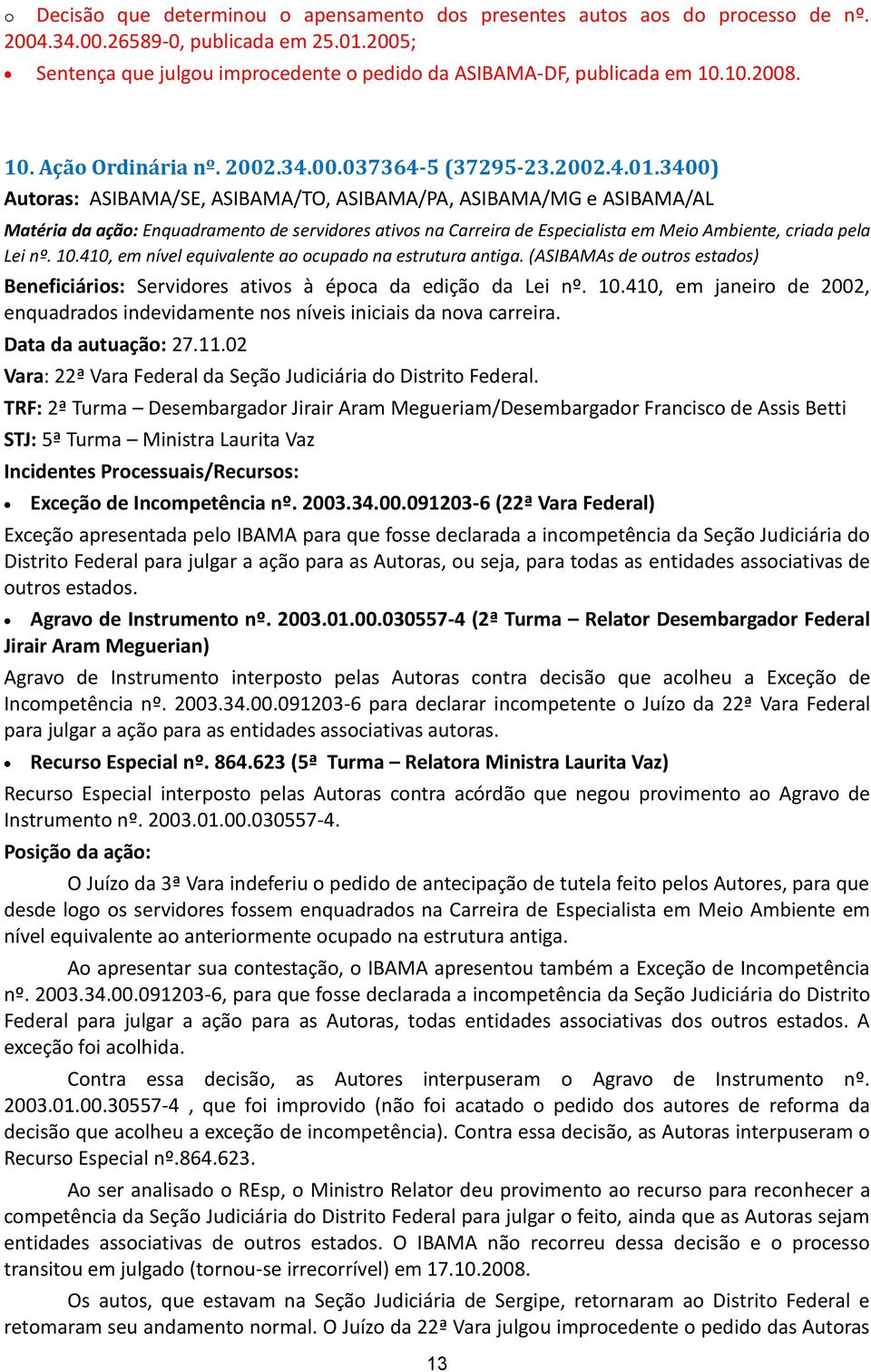 3400) Autoras: ASIBAMA/SE, ASIBAMA/TO, ASIBAMA/PA, ASIBAMA/MG e ASIBAMA/AL Matéria da ação: Enquadramento de servidores ativos na Carreira de Especialista em Meio Ambiente, criada pela Lei nº. 10.