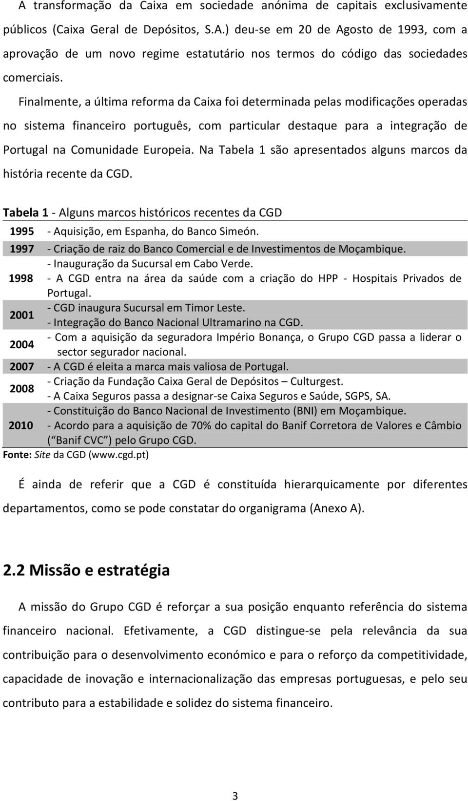 Na Tabela 1 são apresentados alguns marcos da história recente da CGD. Tabela 1 - Alguns marcos históricos recentes da CGD 1995 - Aquisição, em Espanha, do Banco Simeón.