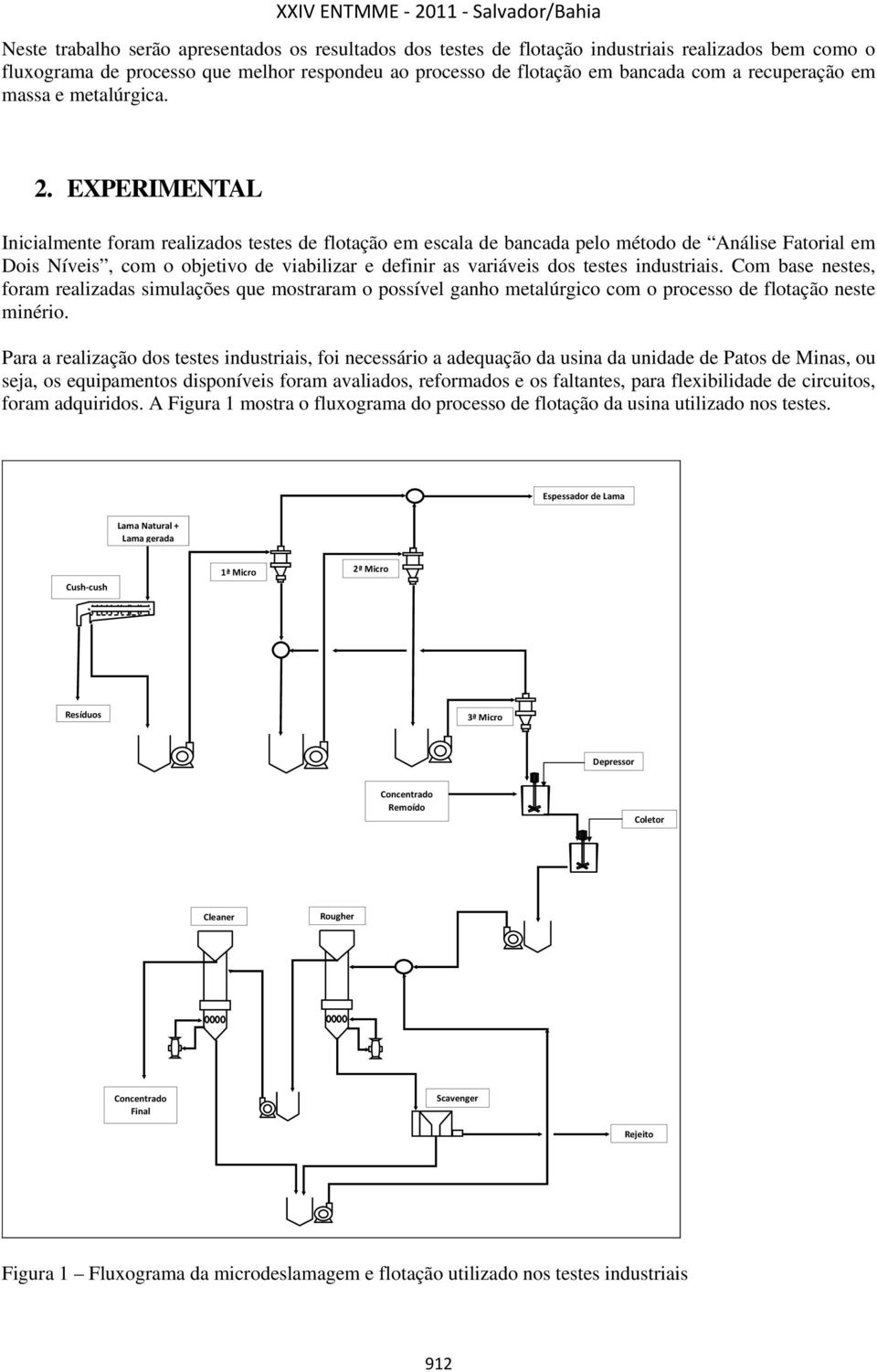 EXPERIMENTAL Inicialmente foram realizados testes de flotação em escala de bancada pelo método de Análise Fatorial em Dois Níveis, com o objetivo de viabilizar e definir as variáveis dos testes
