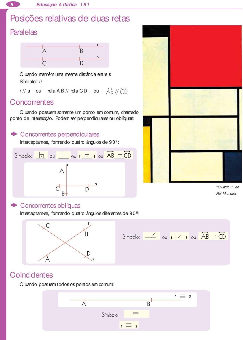 Podem ser perpendiculares ou oblíquas: Concorrentes perpendiculares Interceptam-se, formando quatro ângulos de 90º: Quadro l, de