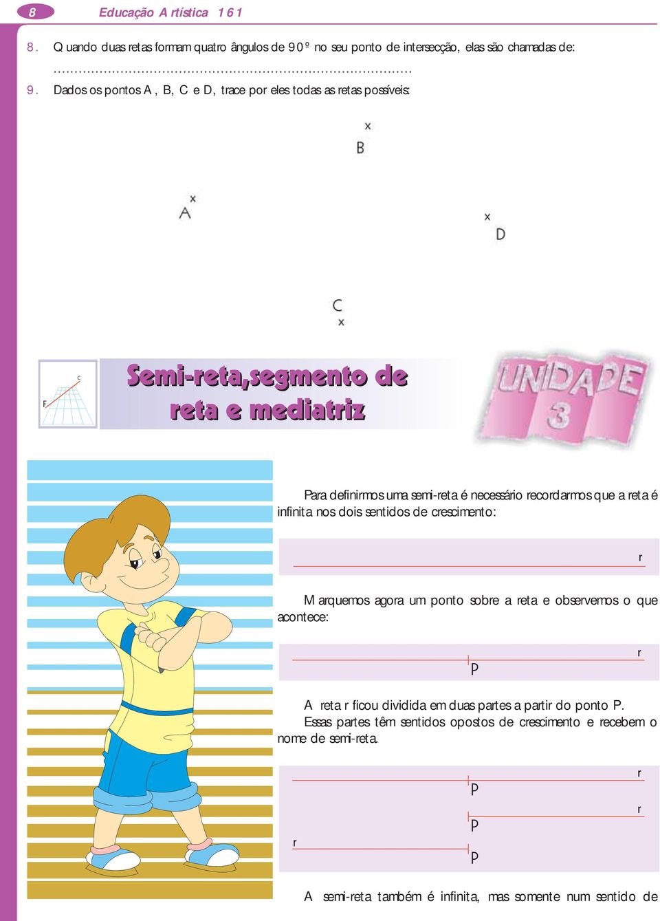 Dados os pontos A, B, C e D, trace por eles todas as retas possíveis: Para definirmos uma semi-reta é necessário recordarmos que a reta é