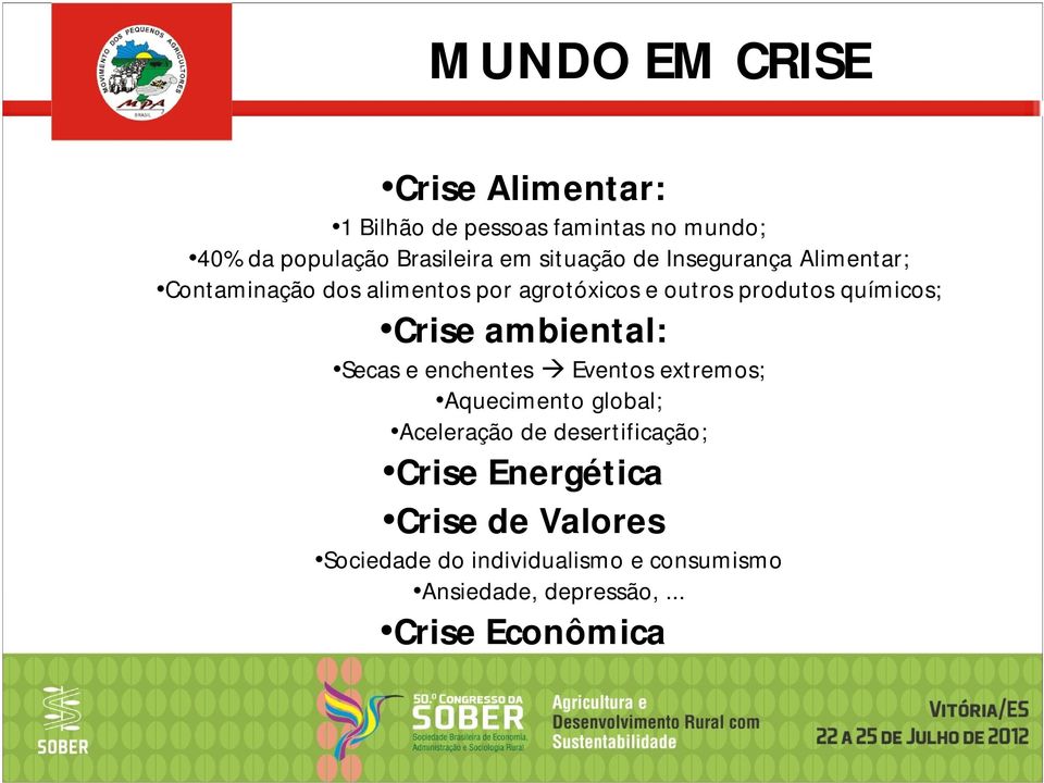 Crise ambiental: Secas e enchentes Eventos extremos; Aquecimento global; Aceleração de desertificação;