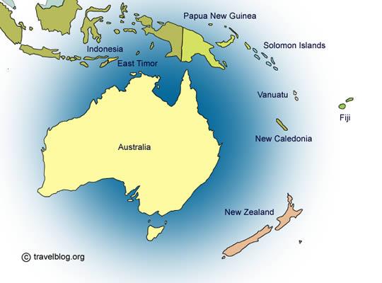 OCEANIA A Oceania é formada pela Austrália e por inúmeras ilhas espalhadas pelo Oceano Pacífico, como você pode observar na ilustração que se segue: A Oceania é banhada