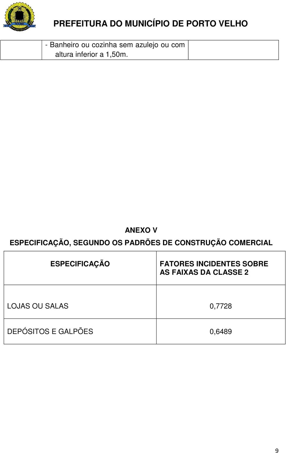 ANEXO V ESPECIFICAÇÃO, SEGUNDO OS PADRÕES DE CONSTRUÇÃO