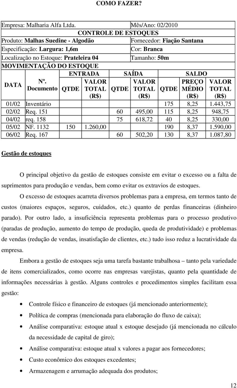 MOVIMENTAÇÃO DO ESTOQUE ENTRADA SAÍDA SALDO DATA Nº. VALOR VALOR PREÇO Documento QTDE TOTAL QTDE TOTAL QTDE MÉDIO VALOR TOTAL (R$) (R$) (R$) (R$) 01/02 Inventário 175 8,25 1.443,75 02/02 Req.