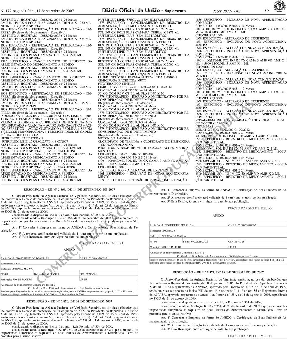 ESPECÍFICO - RETIFICAÇÃO DE PUBLICAÇÃO - EM- PRESA (Registro de Medicamento - Específico) RESTRITO A HOSPITAIS 10085014005-6 4 Meses EMU INJ IV CX 5 BOLS PLAS CAMARA TRIPLA X 1875 ML NUTRIFLEX LIPID
