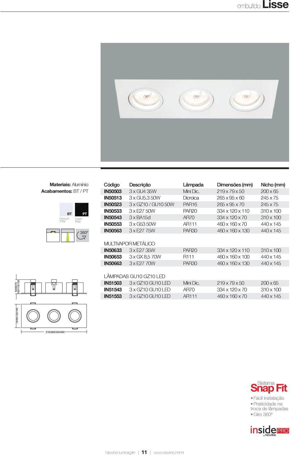 IN50553 3 x G53 50W AR111 460 x 160 x 70 440 x 145 IN50563 3 x E27 75W PAR30 460 x 160 x 130 440 x 145 MULTIVAPOR METÁLICO IN50633 3 x E27 35W PAR20 334 x 120 x 110 310 x 100 IN50653 3 x GX 8,5 70W