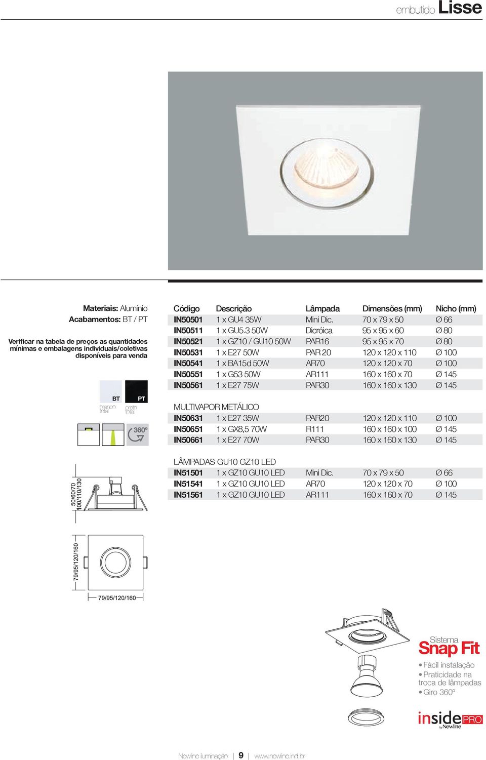 3 50W Dicróica 95 x 95 x 60 Ø 80 IN50521 1 x GZ10 / GU10 50W PAR16 95 x 95 x 70 Ø 80 IN50531 1 x E27 50W PAR 20 120 x 120 x 110 Ø 100 IN50541 1 x BA15d 50W AR70 120 x 120 x 70 Ø 100 IN50551 1 x G53