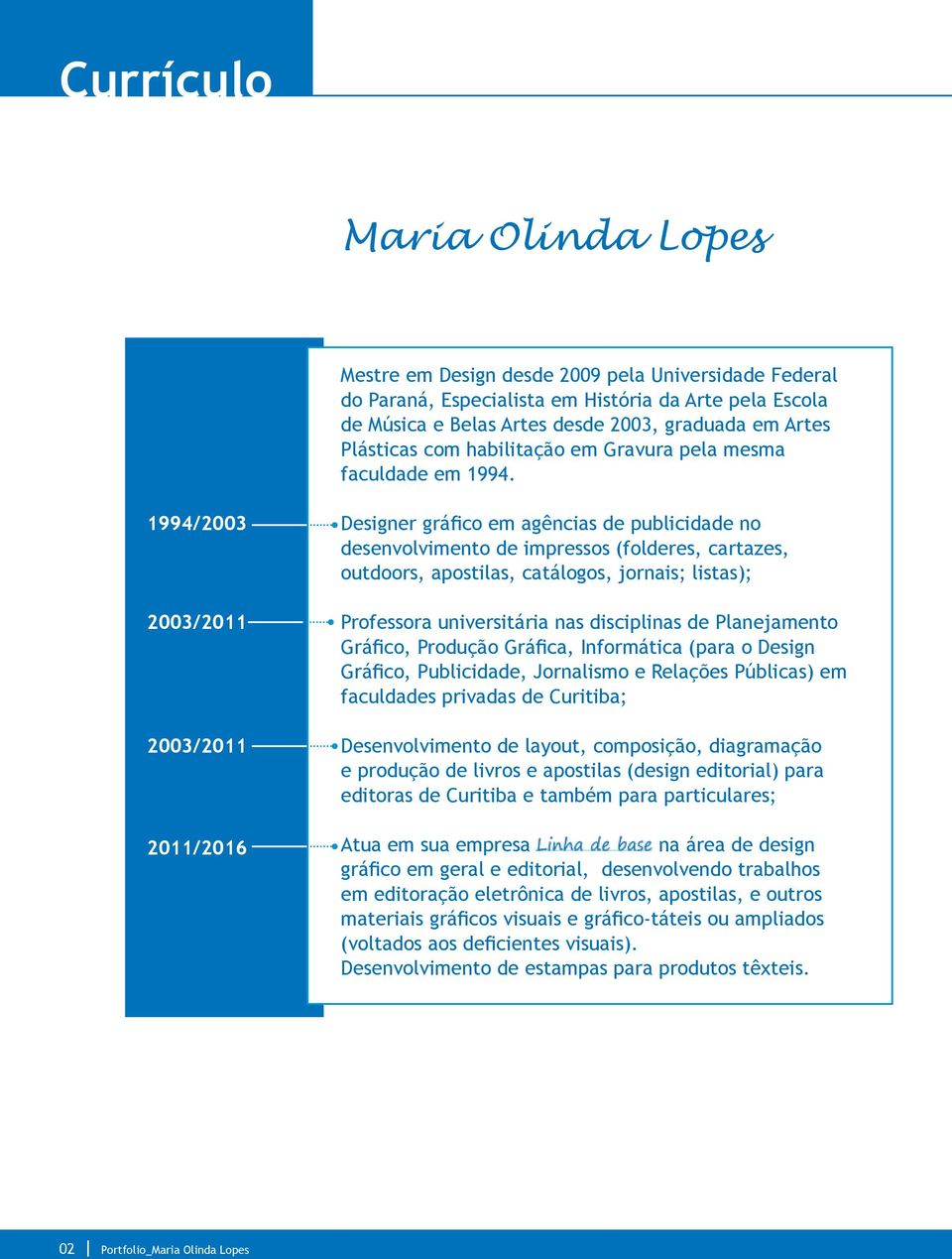 1994/2003 2003/2011 2003/2011 2011/2016 Designer gráfico em agências de publicidade no desenvolvimento de impressos (folderes, cartazes, outdoors, apostilas, catálogos, jornais; listas); Professora