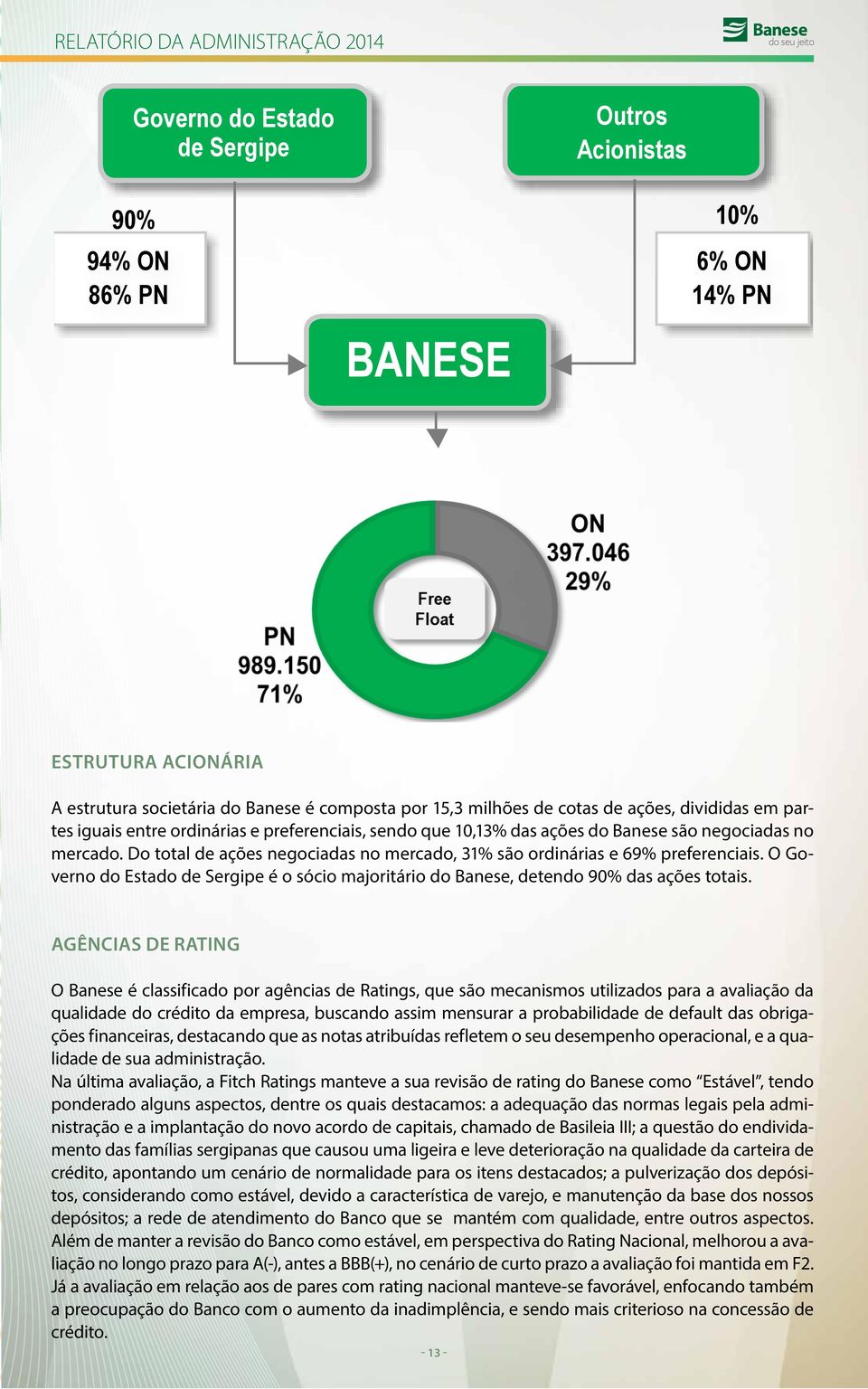 Do total de ações negociadas no mercado, 31% são ordinárias e 69% preferenciais. O Governo do Estado de Sergipe é o sócio majoritário do Banese, detendo 90% das ações totais.