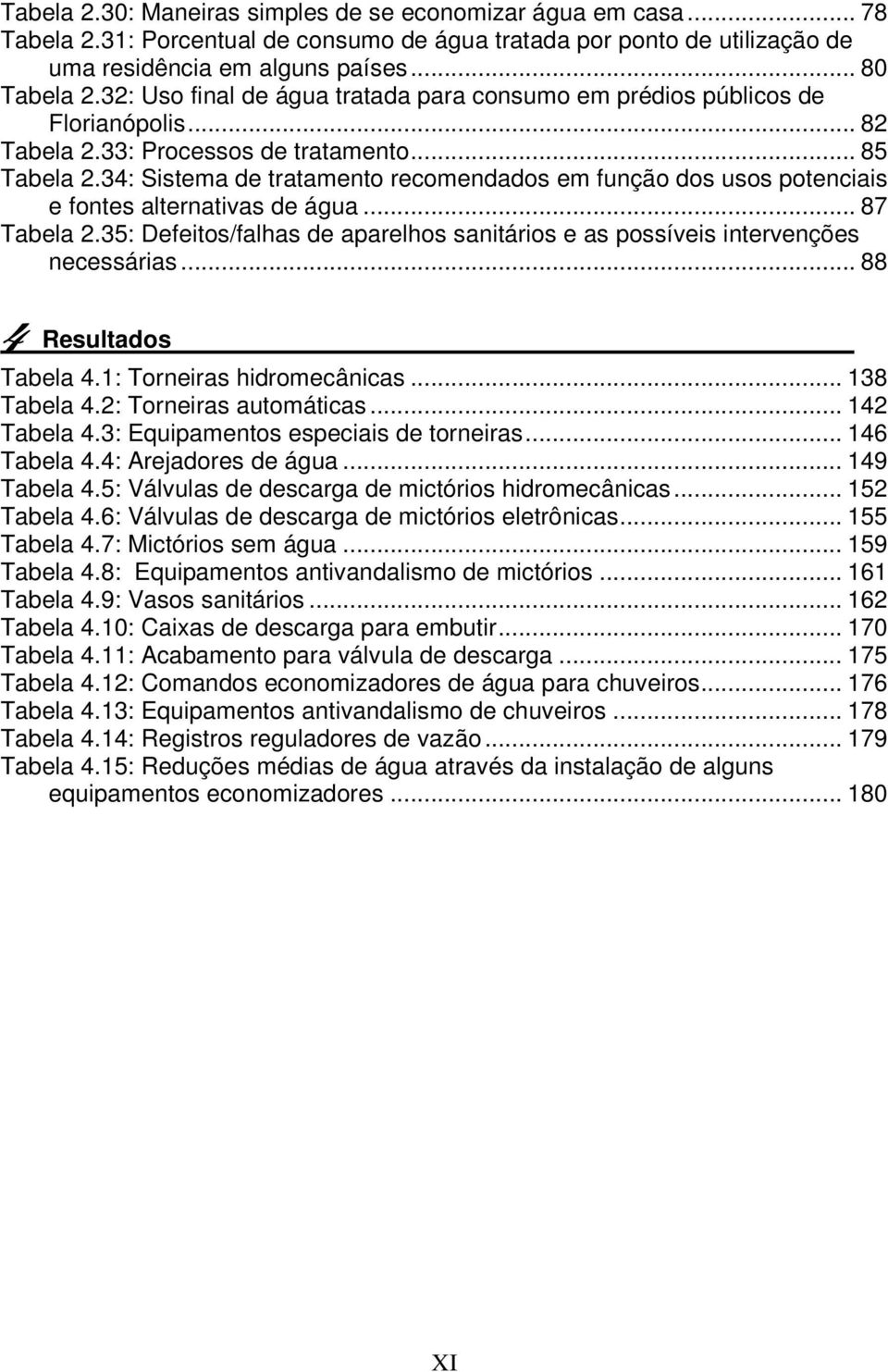 34: Sistema de tratamento recomendados em função dos usos potenciais e fontes alternativas de água... 87 Tabela 2.35: Defeitos/falhas de aparelhos sanitários e as possíveis intervenções necessárias.