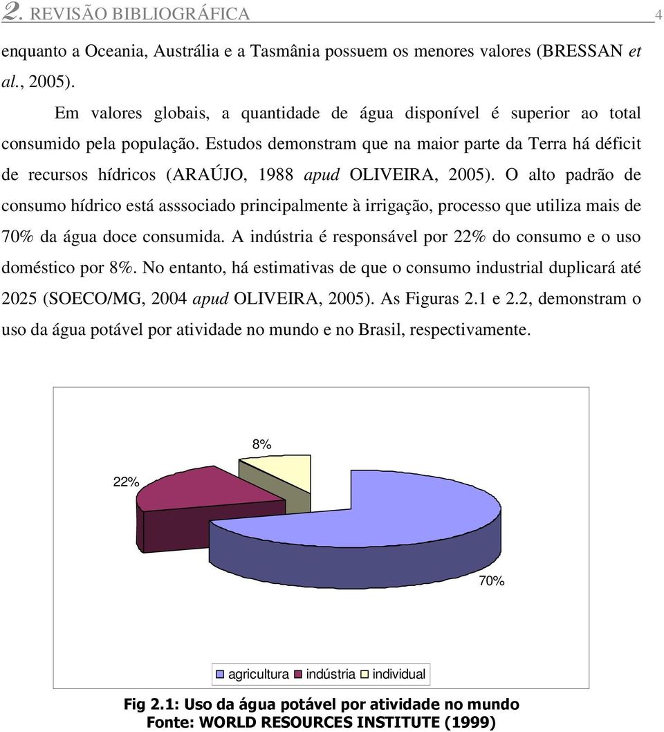 Estudos demonstram que na maior parte da Terra há déficit de recursos hídricos (ARAÚJO, 1988 apud OLIVEIRA, 2005).