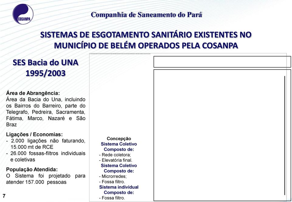 000 ligações não faturando,. 15.000 mt de RCE - 26.000 fossas-filtros individuais. e coletivas População Atendida: O Sistema foi projetado para atender 157.