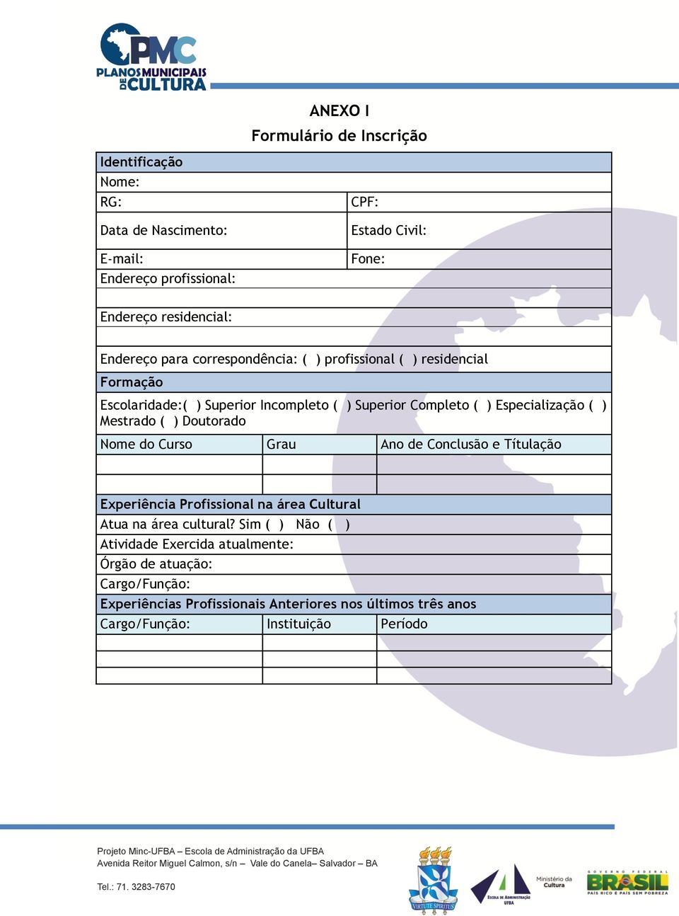 Mestrado ( ) Doutorado Nome do Curso Grau Ano de Conclusão e Títulação Experiência Profissional na área Cultural Atua na área cultural?