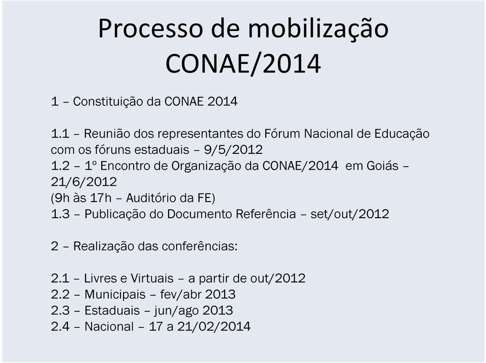 2 1º Encontro de Organização da CONAE/2014 em Goiás 21/6/2012 (9h às 17h Auditório da FE) 1.