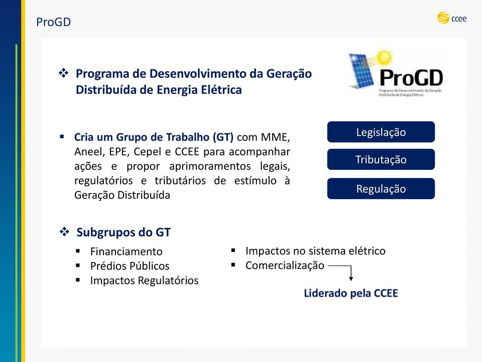 e tributários de estímulo à Geração Distribuída Legislação Tributação Regulação Subgrupos do GT