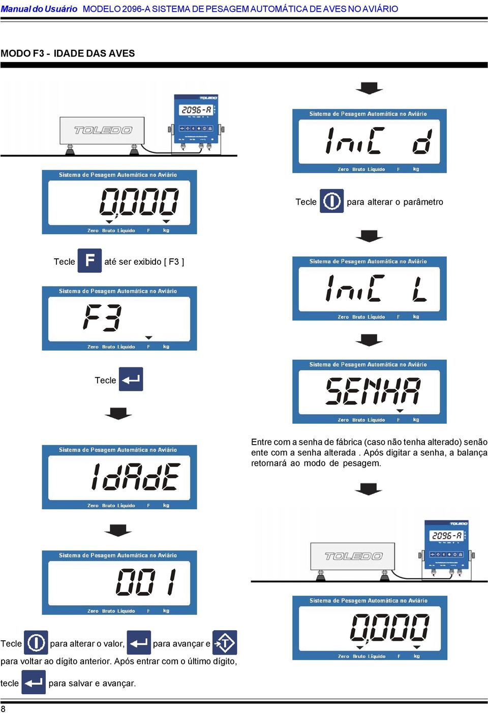 ente com a senha alterada. Após digitar a senha, a balança retornará ao modo de pesagem.