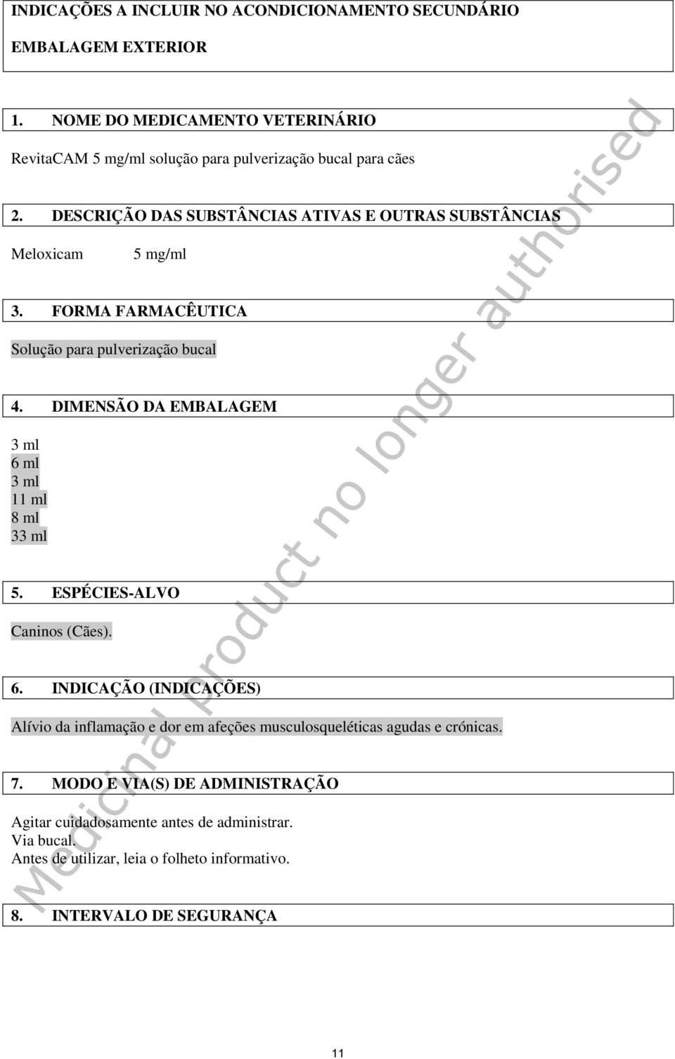 DESCRIÇÃO DAS SUBSTÂNCIAS ATIVAS E OUTRAS SUBSTÂNCIAS Meloxicam 5 mg/ml 3. FORMA FARMACÊUTICA Solução para pulverização bucal 4.