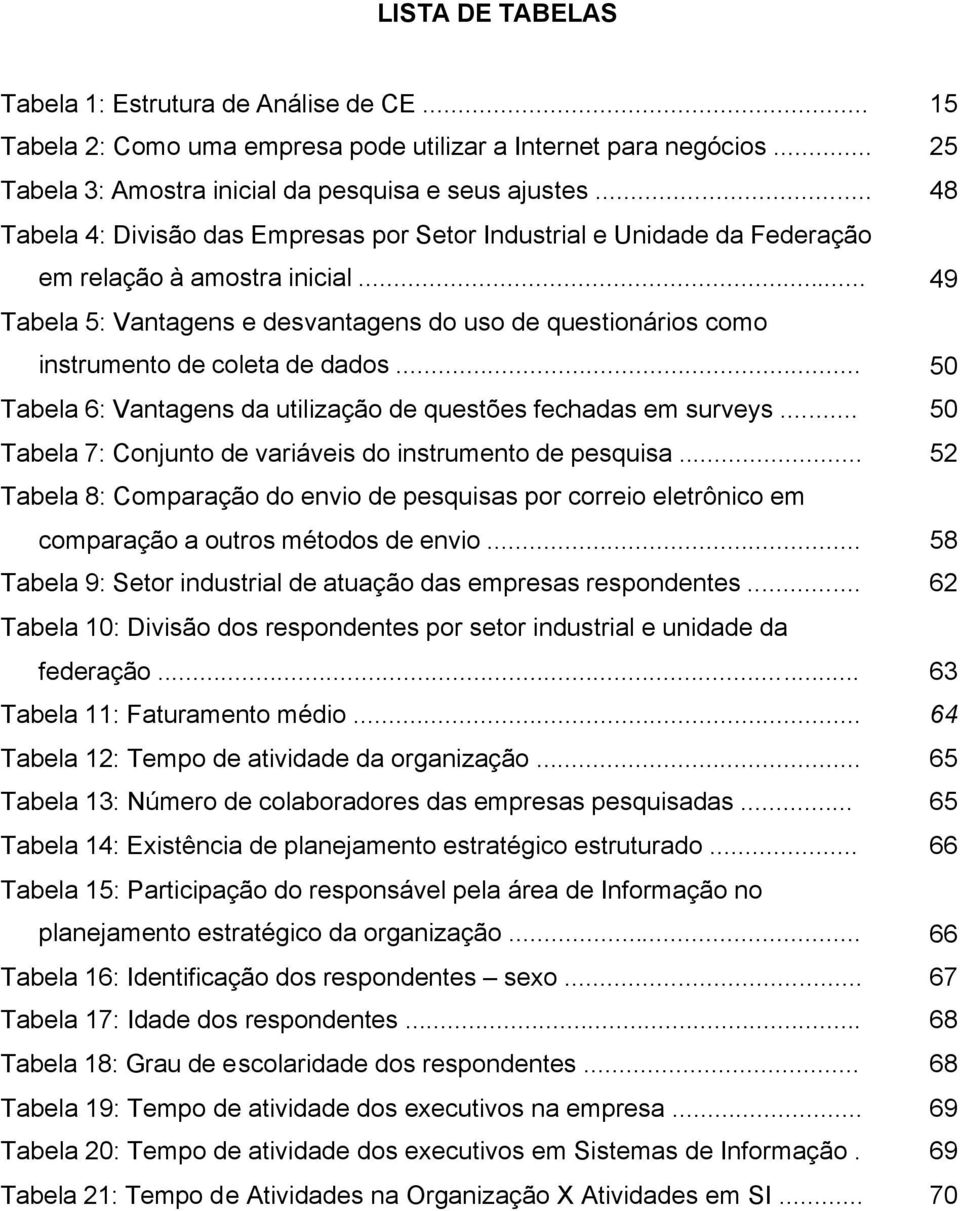.. 49 Tabela 5: Vantagens e desvantagens do uso de questionários como instrumento de coleta de dados... 50 Tabela 6: Vantagens da utilização de questões fechadas em surveys.