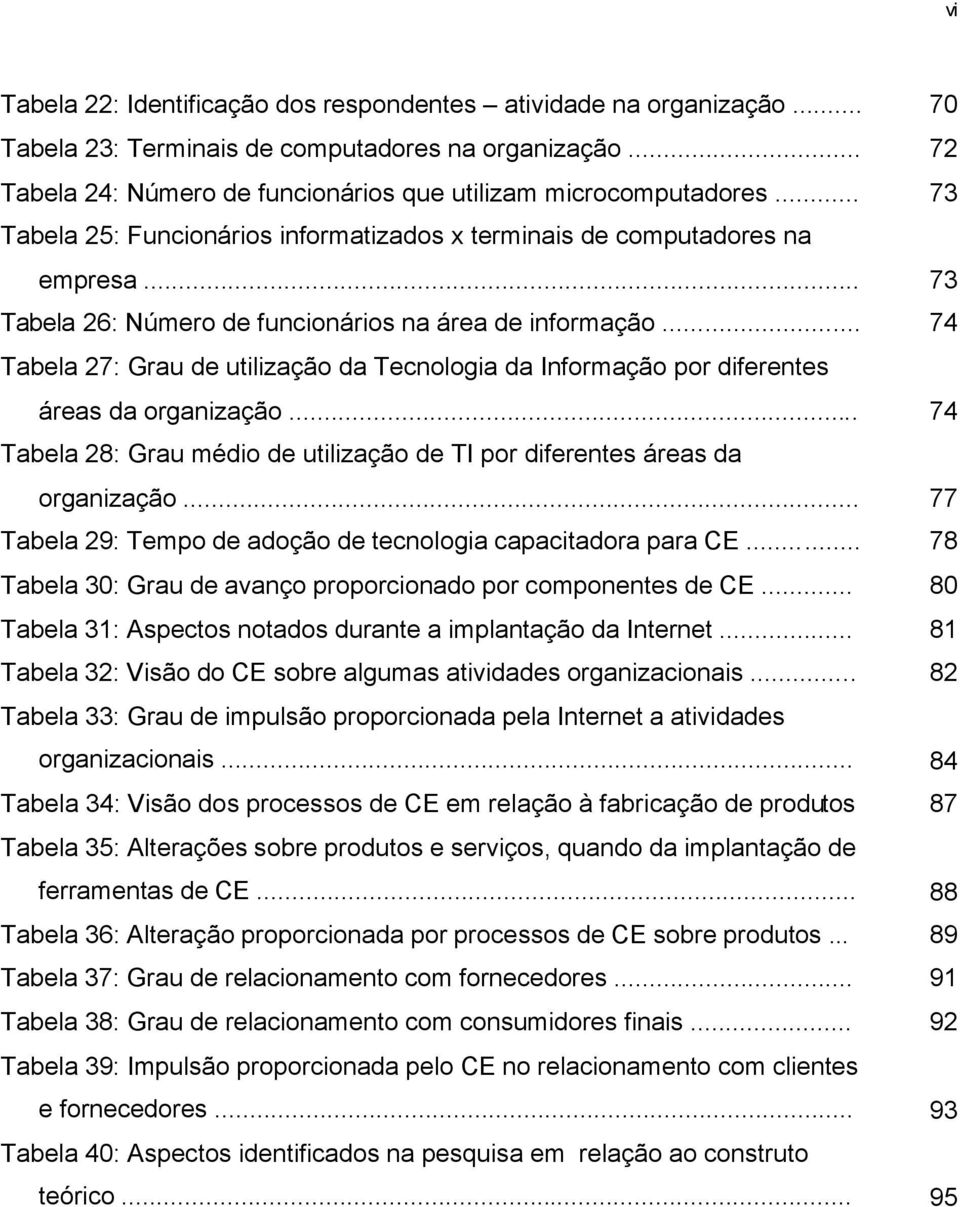 .. 74 Tabela 27: Grau de utilização da Tecnologia da Informação por diferentes áreas da organização... 74 Tabela 28: Grau médio de utilização de TI por diferentes áreas da organização.