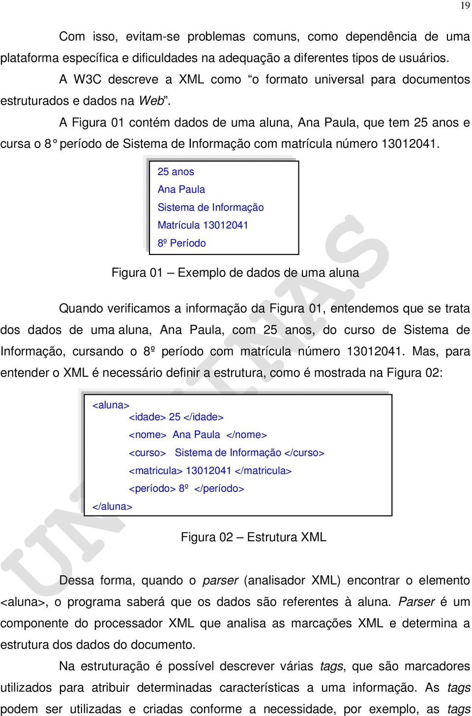 A Figura 01 contém dados de uma aluna, Ana Paula, que tem 25 anos e cursa o 8 período de Sistema de Informação com matrícula número 13012041.