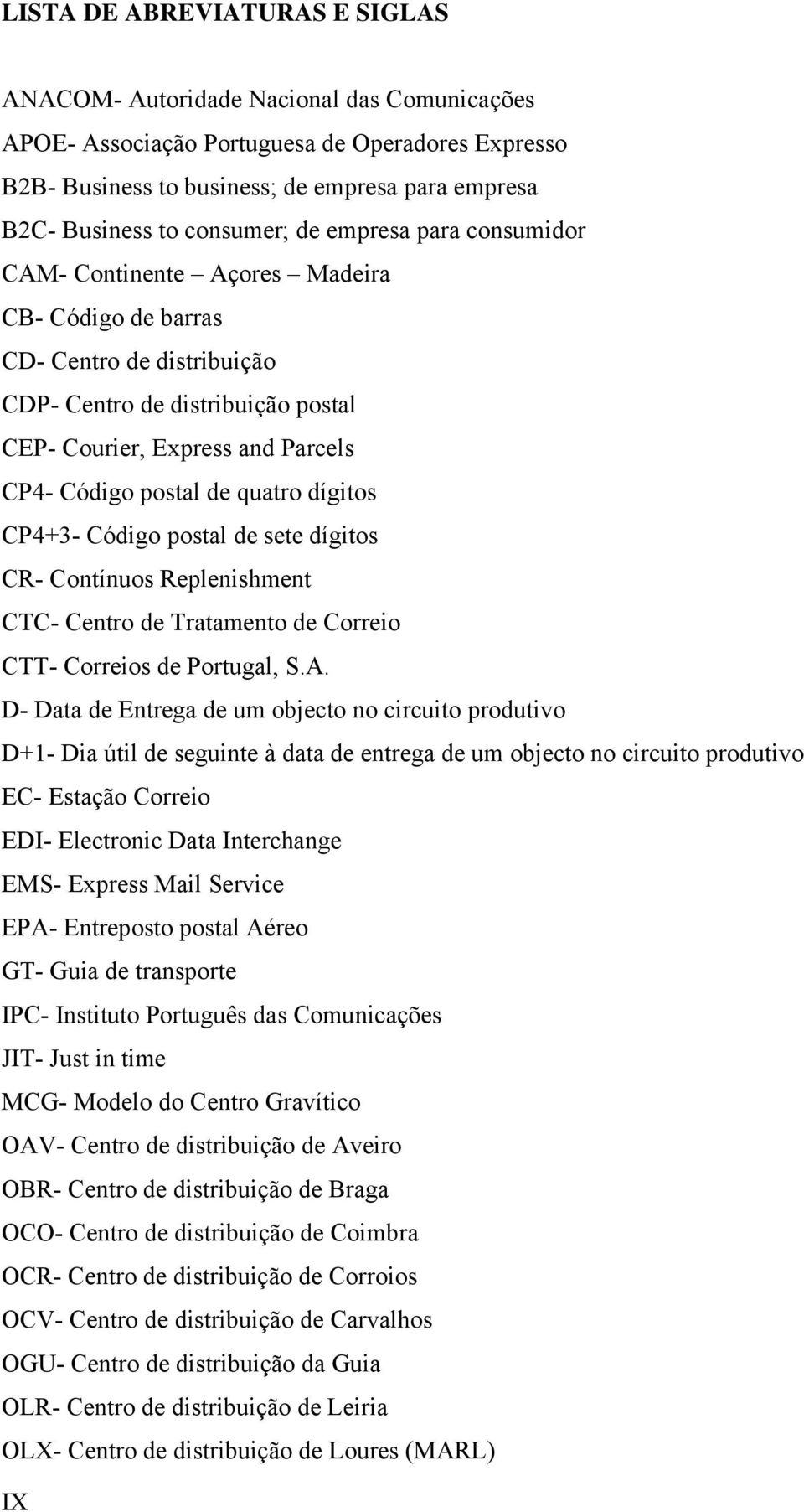 postal de quatro dígitos CP4+3- Código postal de sete dígitos CR- Contínuos Replenishment CTC- Centro de Tratamento de Correio CTT- Correios de Portugal, S.A.