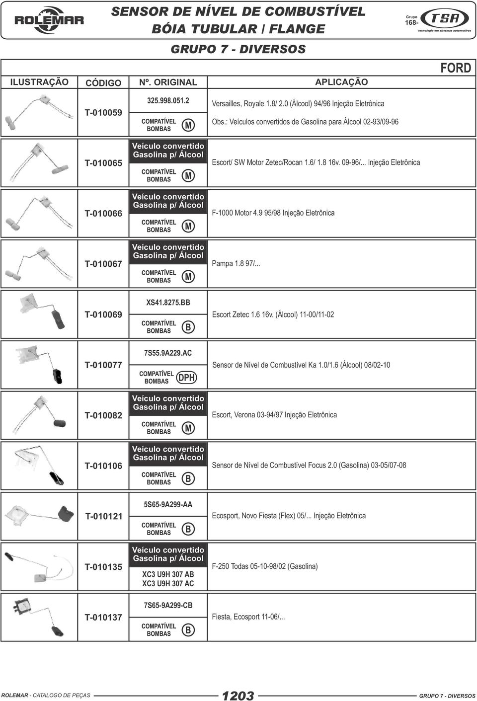 (Álcool) 11-00/11-02 T-010077 T-010082 7S55.9A229.AC DPH Sensor de Nível de Combustível Ka 1.0/1.6 (Álcool) 08/02-10 Escort, Verona 03-94/97 Injeção Eletrônica T-010106 Sensor de Nível de Combustível Focus 2.