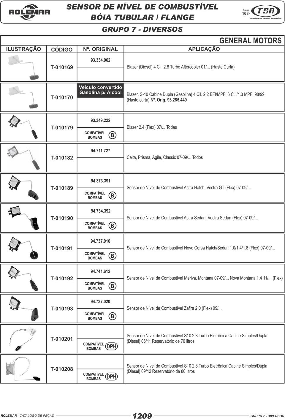 391 Sensor de Nível de Combustível Astra Hatch, Vectra GT (Flex) 07-09/... T-010190 94.734.392 Sensor de Nível de Combustível Astra Sedan, Vectra Sedan (Flex) 07-09/... T-010191 94.737.