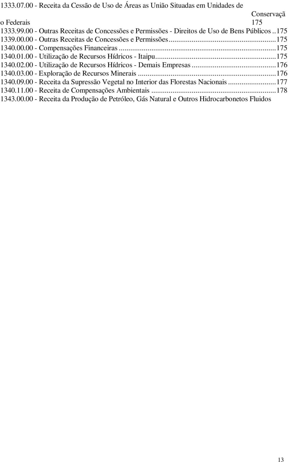 00 - Utilização de Recursos Hídricos - Demais Empresas...176 1340.03.00 - Exploração de Recursos Minerais...176 1340.09.00 - Receita da Supressão Vegetal no Interior das Florestas Nacionais...177 1340.