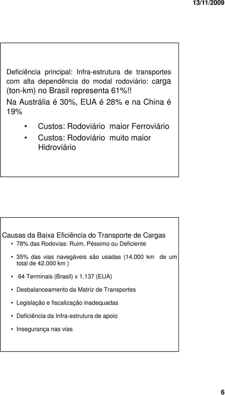 Eficiência do Transporte de Cargas 78% das Rodovias: Ruim, Péssimo ou Deficiente 35% das vias navegáveis são usadas (14.000 km total de 42.